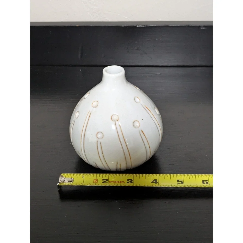 Vintage MCM Neutral‎ Stoneware Bud Vase With Abstract Floral Motif Glossy Finish